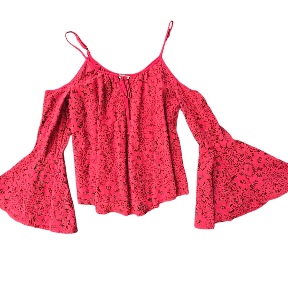 Hollister Burgundy Lace Overlay Cold Shoulder Flare Sleeve Top Size XS
